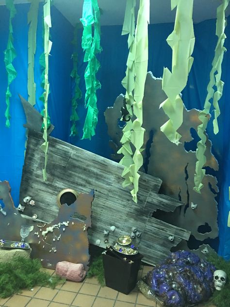 Underwater Pirate Shipwreck, Deep Ocean Decor, Scuba Vbs Sunken Ship, Diy Shipwreck Decor, Diy Sunken Ship Under The Sea, Shipwreck Party Theme, Under The Sea Decorations Diy Ocean Themes, Shipwreck Halloween Decorations, Deep Sea Party Decorations