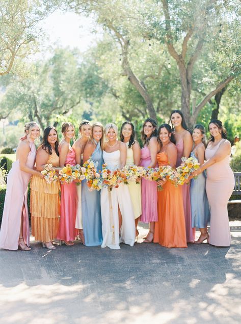 Different color bridesmaids dresses, bright colored bridesmaid dresses, sunset colors, orange, yellow, pink, blue, mix and match bridesmaid dresses, shot on film, sonoma wedding photographer Silk Bridesmaid Dress Different Colors, Boho Summer Wedding Bridesmaid Dress, Wedding Colors Fuschia, Wild Flower Wedding Bridesmaid, Colorful Wedding Isles, Colorful Wedding Palettes, Colorful Garden Wedding Bridesmaid, Flower Less Wedding, Colorful Spring Bridesmaid Dresses