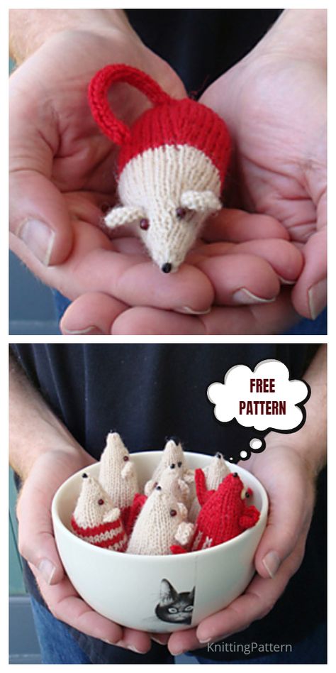 6 Knit Christmas Mouse Ornament Free Knitting Patterns - Knitting Pattern Christmas Mouse Ornament, Mouse Ornaments, Christmas Knitting Projects, Knit Christmas Ornaments, Knitted Christmas Decorations, Christmas Knitting Patterns Free, Miniature Knitting, Knitted Toys Free Patterns, Knit Christmas