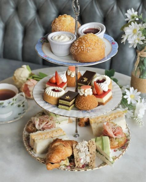 How to Plan a High Tea at Home Food Ideas Decor and More Essen, At Home Food Ideas, Mushroom Desserts, High Tea Decorations, High Tea At Home, Afternoon Tea Party Food, Creamy Shrimp Salad, Tea Party For Two, High Tea Menu