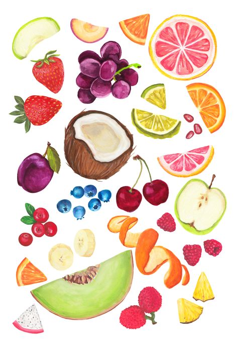 Crazy Rumors Watercolor Illustrations on Behance Georgia Art, Fruit Sketch, Fruit Art Drawings, Fruit Watercolor, Summer Drawings, Fruits Drawing, Design Brand Identity, Posca Art, Animals And Birds