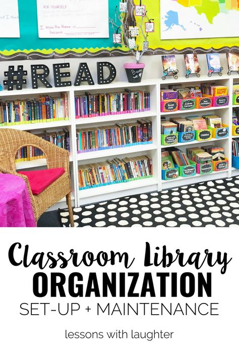 Ideas for organizing a colorful classroom library from Lessons with Laughter Class Notebook Organization, Organizing Books In Classroom, Hydration Station Ideas Classroom, 2nd Grade Library Set Up, Library Room Ideas For School, Second Grade Classroom Library, Classroom Library Organization 1st, Organizing Classroom Library, Library Room Ideas