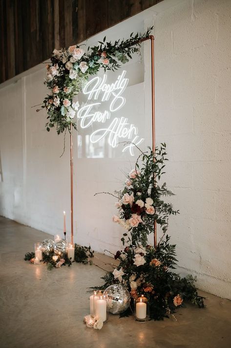 Neon light in front of metal arch way complete with floral decor | Clare Smith Photography Disco Ball Decorations, Custom Wedding Decor, Wedding Wall Decorations, Travel Theme Wedding, Wedding Wall, Rustic Wedding Venues, Wedding Neon Sign, Rock My Wedding, Ball Decorations