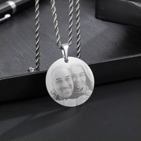 This beautiful Stainless steel photo pendant necklace can be personalised with any photo on the front and any message on the reverse. It makes a perfect sentimental gift for someone special, or a unique and stylish piece of jewellery for yourself. The photo can be etched into the metal for a timeless look, or printed in full colour for a more modern feel. You can choose from a range of different chains and sizes to suit your style. So why not add some extra personality to your outfit with this u Photo And Text, Photo Pendant, Photo Engraving, Stainless Steel Pendant, Unisex Jewelry, Sentimental Gifts, Pendant Chain, Memorial Gifts, Personalized Necklace