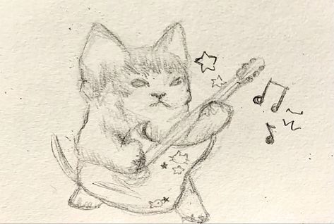 Cat playing guitar Cat With Guitar Drawing, Cat Playing Guitar Drawing, Playing Guitar Sketch, Playing Guitar Drawing, Cat With Guitar, Drawing Guitar, Anarchy Art, Class Doodles, Cat Playing Guitar