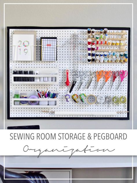 Sewing Room Storage and Pegboard Organization • theStyleSafari Pegboard Craft Organization, Pegboard Room, Sewing Room Ideas, Pegboard Craft Room, Small Kitchen Pantry, Gorgeous Closet, Pegboard Display, Kids Bedroom Organization, Peg Boards