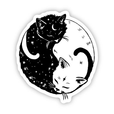 Mystical Stickers Cats Ying Yang, Yin And Yang Cat Tattoo, Black Cat Memorial Tattoo, Yin Yang Cat Tattoo, Cat Ying Yang, Black And White Cat Art, Cat Yin Yang, Yin Yang Cat, Cats Stickers