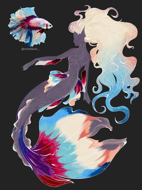 Koi Mermaid Art, Mermaids Based On Fish, Pink Mermaid Drawing, Fish Tails Drawings, Red And Blue Character Design, Accurate Mermaids, Mermaid Tail Designs Drawing, Betta Fish Mermaid Tail, Manta Ray Mermaid