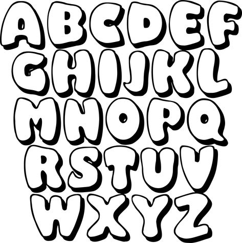 Black Printable Bubble Letters Bubbly Fonts Letters, Lettering For Slogan Alphabet, Bubble Letters Alphabet Small, Lettering Design Ideas Alphabet, Bubble Letters With Shadow, Bubble Letter Shading, Cool Bubble Letters Design, Summer Bubble Letters, Slogan Lettering Ideas Alphabet