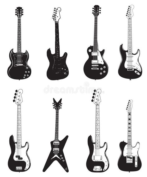 Set of guitar silhouettes black color isolated on white - Electric Guitars and Logo for Music store. Heavy rock electric guitars outline musical instruments vector illustration Guitar Patchwork Tattoo, Electric Guitar Silhouette, Drawing Electric Guitar, Electric Guitar Tattoo For Men, Electric Guitar Tattoo Ideas, Rock Guitar Drawing, Drawings Of Guitars, Electric Guitar Tattoo Design, Electric Guitar Doodle