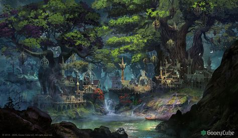 ArtStation - Elven city in forest Forest City Fantasy Art, Elf City, Elven City, Tree Town, Forest Village, Fantasy Village, Dragon City, Forest City, Fantasy Island
