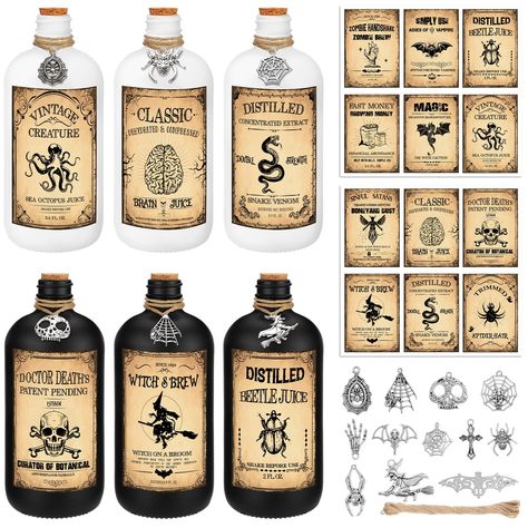 PRICES MAY VARY. Package Includes: the Halloween decoration set includes 6 glass bottles, 12 Halloween metal tags, 12 Halloween stickers, 1 roll of 20 meter long decorative jute rope, and each bottle has a capacity of approximately 17 oz/ 500 ml; With this set, you will have everything you need to create a stunning Halloween display Reliable Material: the potion bottles are made from quality glass, ensuring safety and durability; The self adhesive Halloween labels are long lasting, waterproof, a Halloween Labels, Halloween Decorations Indoor Party, Halloween Potion, Halloween Potion Bottles, Indoor Party, Halloween Bottles, Halloween Pendant, Halloween Potions, Potion Bottles