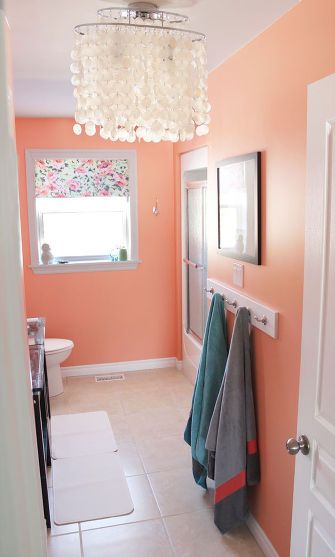 Coral Serenade from PPG Voice of Color Bathroom Makeover Navy And Coral Bathroom, Rust Color Bathroom, Bright Bathroom Colors, Coral Bathroom, Bathroom Wall Colors, Peach Bathroom, Orange Bathrooms, Bathroom Color Schemes, Bright Bathroom