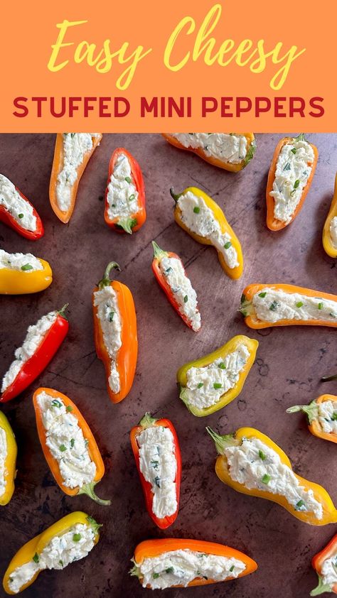 Cream Cheese Stuffed Mini Peppers - HOORAH to Health Broccoli And Chive Stuffed Mini Peppers, Mini Pepper Snack Ideas, Stuffed Pepper Bites, Stuffed Snacking Peppers, Snacking Peppers Recipe, Grilled Stuffed Mini Sweet Peppers, Mini Peppers Stuffed With Boursin Cheese, Mini Sweet Pepper Appetizers, Cream Cheese Stuffing For Peppers