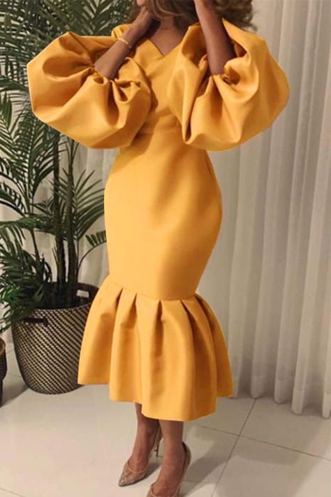 Details: Material: Polyester Style: Casual Pattern Type: Solid Element: Patchwork Neckline: V Neck Silhouette: Cake Skirt Sleeve Style: Hubble-Bubble Sleeve Sleeve Length: Three Quarter Dresses Length: Mid Calf Fit Type: Regular Type: Solid Color Size(in) Bust Waist Dresses Length S 31.5 27.6 51.2 M 33.1 29.1 51.6 L 34.6 30.7 52 XL 36.2 32.3 52.4 2XL 37.8 33.9 52.8 3XL 39.4 35.4 53.1 Tips:Due to the many variations in monitors, the color in the image could look slightly different, please take physical design and color shall prevail.Please allow 0.4"-1" differs due to manual measurement. Fishtail Midi Dress, Hubble Bubble, Fishtail Maxi Dress, Evening Dresses With Sleeves, Dress Sleeve Styles, Long Sleeve Dresses, Evening Dress Fashion, Bubble Sleeve, Basic Dress