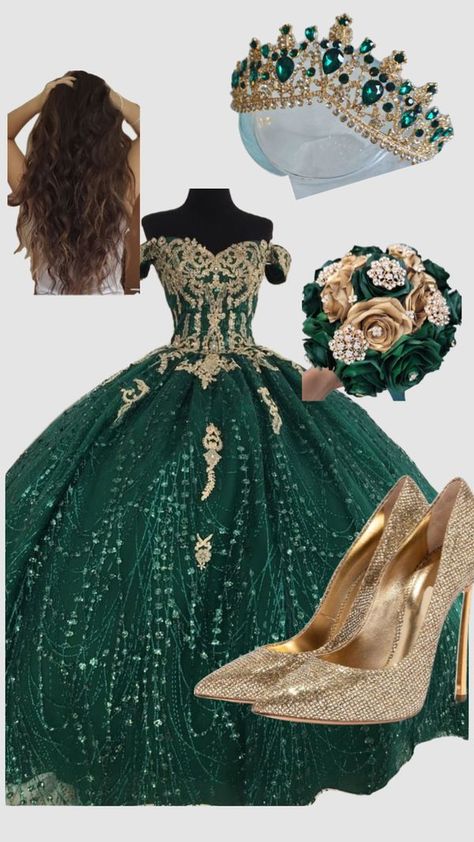 Emerald Green Dress For Quince, Emerald Green Quinceanera Dresses Butterfly, Green And Gold Dama Dresses, Enchanted Forest Green Quinceanera Dress, Dark Green With Gold Quinceanera Dresses, Emerald Green And Rose Gold Quince, Quince Dresses Green And Gold, Royal Green Quinceanera Dresses, Emerald Green With Gold Quince Dress