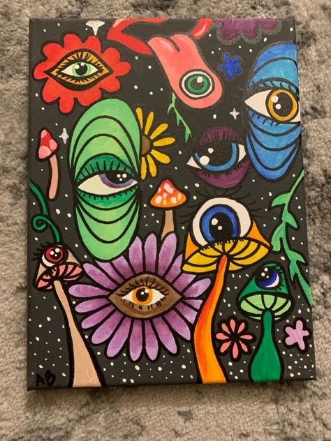 indie artwork by me! trippy eyes mushrooms and flowers. If interested in buying this piece please contact me through my instagram. >>> imxalexis16 Trippy Drawings, Arte Indie, Psychadelic Art, Trippy Painting, Hippie Painting, Easy Canvas Art, Simple Canvas Paintings, Indie Art, Canvas Painting Designs