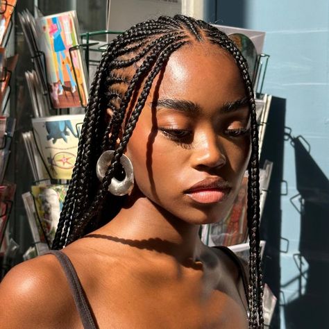 Cornrows And Braids Black Women, Fulani Braids With Two Front Strands, Box Braid Cornrows, Average Black Woman, Shoulder Length Cornrows Braids, Corn Row Front Box Braids Back, Curly Stitch Braids, Fka Twigs Braids, Black Braiding Hairstyles