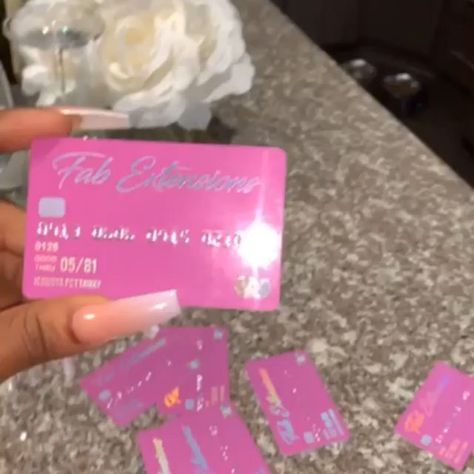 GORGEOUS new business cards designed + printed for Fab Extensions of Raleigh, NC ✨💗 These are printed on our thick 30mil plastic stock.💰💳 This is the same thickness as a REAL Credit Card! . We graced Jequoya's cards with Flat Holographic Foil!!! Be sure to go give her some love >>> @grant_mywishes 💕. . Contact us at >>> @shaynamade or via www.ShaynaMade.com to get started on your fancy business cards!! 🍭🦄🧁 We also offer logo design services. Credit Card Aesthetic, Card Aesthetic, Makeup Business Cards, Lips Essentials, Cute Business Cards, Credit Card Design, Beauty Business Cards, Pink Inspiration, Salon Business Cards