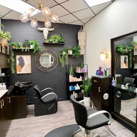 Salon Office Ideas Interior Design, Cute Beauty Salon Ideas, Decorate Salon Suite, Black White And Green Salon Decor, Sage Salon Decor, Small Salon Space Decor, Salons With Black Ceilings, Salon With Black Walls, Loc Salon Ideas