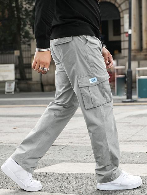 Grey Street Collar  Fabric Letter Cargo Pants Embellished Non-Stretch  Men Clothing Gray Cargo Pants Outfit, Cargo Outfit Men, Grey Cargo Pants Outfit, Green Cargo Pants Outfit, Cargo Pants Outfit Men, Diggy Simmons, Cargo Pants Outfits, Cargo Outfit, Grey Street