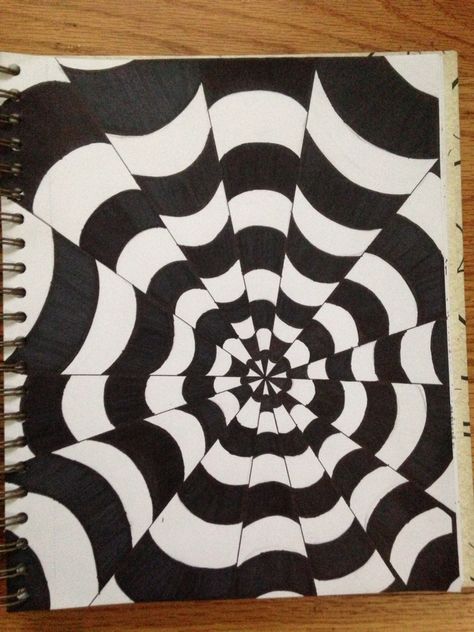 Simple op art. Easy. Just a lot of sharpies ;( Optical Illusions Pictures Art Easy, Contrast Drawing Easy, Op Illusion Art, Optical Illusions Art Step By Step Easy, Optical Art Drawing Easy, Contrast Art Drawing, Easy Illusion Drawings, Optical Illusions Art Easy, Repetition Art Drawing