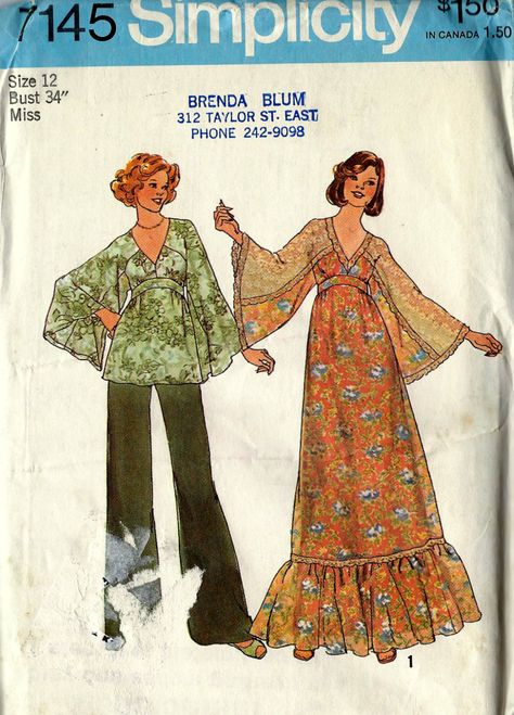 Boho Top Pattern, 70s Dress Pattern, 60s Dress Pattern, 1970 Dress Patterns, Top Pattern Sewing, Hippie Dresses Boho, 70s Sewing Patterns, Angel Sleeves Dress, 1970s Sewing Patterns