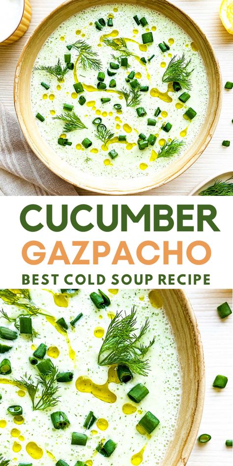 Cucumber Soup Cold, Gaspacho Recipe, Cucumber Soup Recipe, Chilled Soup Recipes, Cucumber Gazpacho, Cooked Cucumber, Summer Soup Recipes, Cold Soup Recipes, Gazpacho Soup