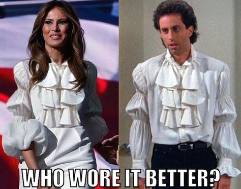 Melania or Seinfeld - Who wore the Puffy Shirt better? | The Best Funny Pictures Of Today’s Internet Funny Kids, Humour, Funny Pranks, Funny People, Seinfeld Puffy Shirt, Puffy Shirt, Pirate Shirts, Seinfeld, Best Funny Pictures