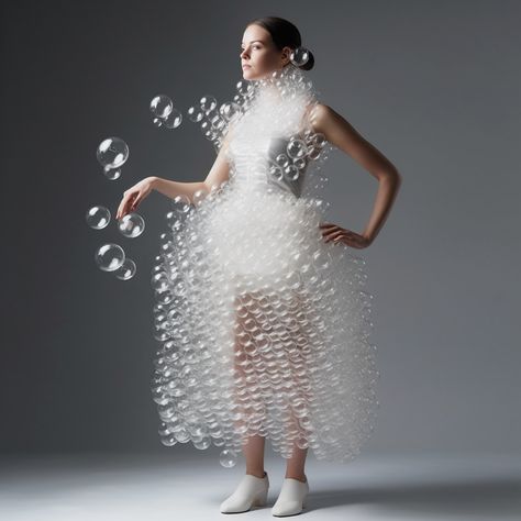 The Bubble Dress: this transparent dress is made up of interconnected plastic bubbles, giving a futuristic and peculiar look. Bubble Dress Outfit, Sculptural Textiles, Bubble Fashion, Unconventional Fashion, Bubble Clothes, Wearable Sculpture, Plastic Fashion, Costume Inspirations, Stage Ideas
