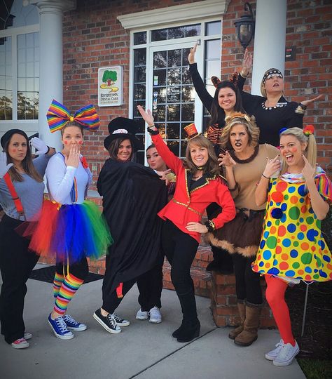 Group Costume Big Top Circus Dr Jen Orthodontics Circus Theme Party Adults Costumes, Circus Costumes Group, Circus Party Outfit Woman, Circus Halloween Costumes Group, Circus Group Halloween Costumes, Circus Theme Outfits Women, Carnival Themed Costumes, Group Circus Costumes, Circus Dress Up