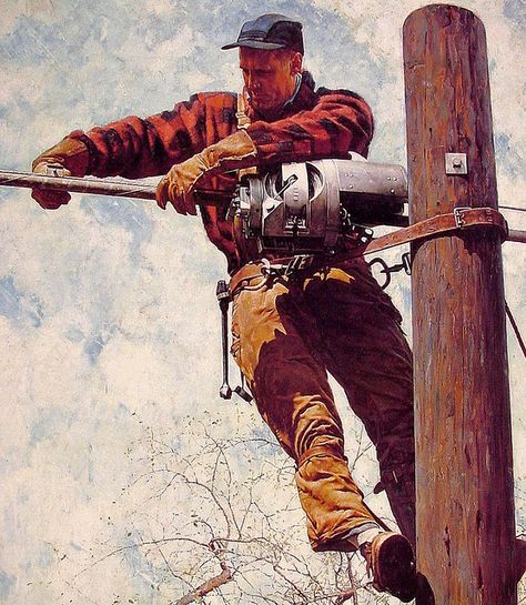 1949 ... the Lineman - Norman Rockwell by x-ray delta one, via Flickr Norman Rockwell Prints, The Saturdays, Norman Rockwell Art, Rockwell Paintings, Norman Rockwell Paintings, Saturday Evening Post, Norman Rockwell, Steam Punk, American Artists