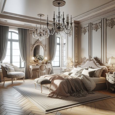 It must include a large bed with an ornate headboard, luxurious bed linens, tall French windows allowing in ample natural light, and a classy color palette. Antique furniture pieces, such as a vanity table and a chaise lounge, should be included. The design should incorporate soft, romantic elements, modern minimalistic touches, and artful accents. This image should serve as a valuable source of inspiration for a home remodeling project. Modern Royal Bedroom, Sims Chateau, Elegant Vintage Bedroom, Old Money Bedroom Aesthetic, Elegant Bedroom Ideas Luxury, Bedroom Old Money, Romantic French Bedroom, Old Money Bedroom, Vintage Bedroom Design