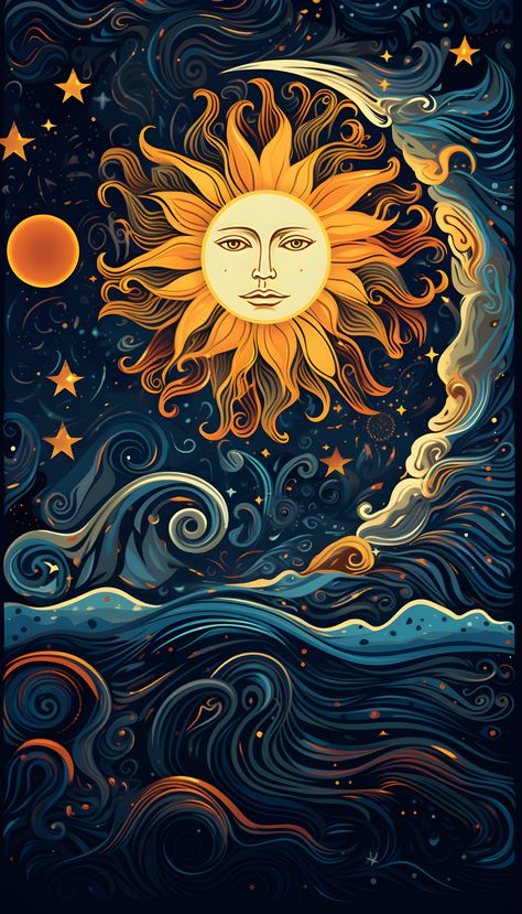A mesmerizing portrayal of a celestial sun, vast space, and ethereal ocean. Immerse in starry ambiance, and let our art ignite your imagination. Astrology Artwork, Moon Stars Art, Sun Illustration, Witchy Wallpaper, Celestial Art, Sun Art, Cool Wallpapers Art, Mystical Art, Fairytale Art