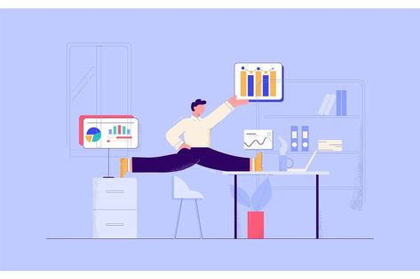 Cartoon businessman gymnastic working at office with graph and diagram vector flat illustration. Business male having flexible work time schedule Flexible Illustration, Flexibility Illustration, Flexible Schedule, Vector Flat Illustration, Man Working, Illustration Business, Time Schedule, Work Time, Web Themes