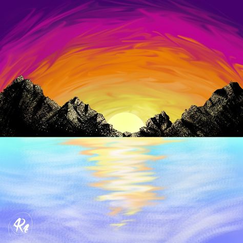 Nature, Mountains Painting, Sunset Ocean, Nature Sunset, Sun Sky, Ocean Sunset, Ocean Painting, Sunset Painting, Mountain Paintings