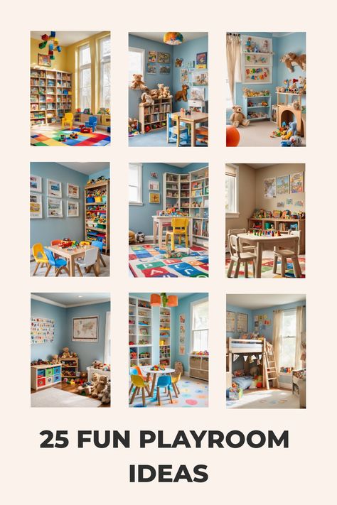 Collage of colorful and organized playrooms with various toys and decor, titled "25 Fun Playroom Ideas". Playroom Ideas Small Space, Creative Playroom Ideas, Fun Playroom Ideas, Space Playroom, Creative Playroom, Fun Playroom, Indoor Jungle Gym, Dress Up Stations, Playroom Inspiration