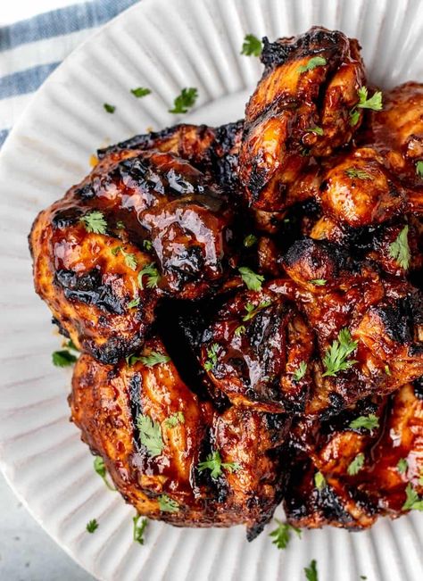 These grilled BBQ chicken thighs are marinated and glazed in a sweet and smoky BBQ marinade and grilled to perfection. Delicious and so easy! Best Bbq Chicken Marinade, Chicken Thigh Grill Recipes, Bbq Boneless Chicken Thighs, Grilled Bbq Chicken Thighs, Grilled Chicken Thighs Boneless, Grilled Chicken Thighs Marinade, Sweet Bbq Chicken, Bbq Chicken Marinade, Baked Bbq Ribs