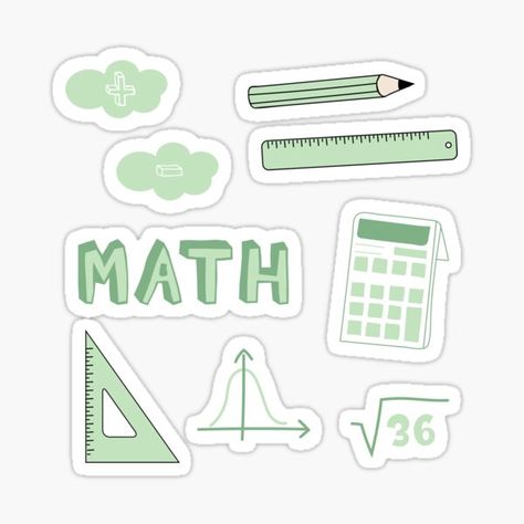 Back to school with the cutest Light Green Math subject stickers. Perfect gift for a kid, tween, teen or any age! Math text, Pencil, Ruler, Set Square, Bell Curve, Square Root,plus, minus and calculator. Perfect to decorate your books and planners. Check o • Millions of unique designs by independent artists. Find your thing. Math Subject Design, Math Lettering Design, Subject Stickers, Math Subject, School Stickers Labels, Binder Cover Templates, Math Design, School Book Covers, Bell Curve