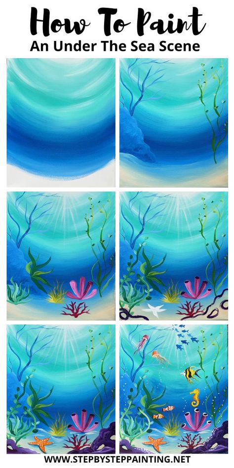 Poster Board Painting Ideas, Under Sea Painting Acrylic, Step By Step Ocean Painting, Watercolour Under The Sea, Tracy Kiernan Step By Step Painting, Cute Family Painting Ideas, Paint Night Tutorials Step By Step, Sea Floor Painting, Painting How To Step By Step