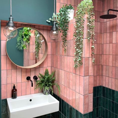 Pink Tiles Bathroom, Pink Tiled Bathroom, Light Pink Bathroom, Pink Retro Bathroom, Green And Pink Bathroom, Modern Pink Bathroom, Pink Tile Bathroom, Pink Bathroom Tiles, Pink Bathrooms