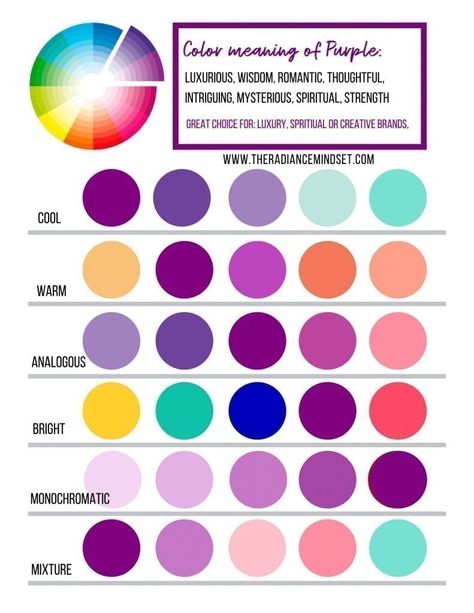 Purple Branding, Complementary Color Wheel, Magic Purple, Color Plate, Purple Color Schemes, Purple Color Palettes, Color Mixing Chart, Color Palette Challenge, Color Schemes Colour Palettes