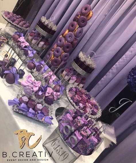 Black And Lavender Birthday Decor, Purple And Gold Treat Table, Shades Of Purple Decorations, Purple Quince Dessert Table, Shades Of Purple Party Theme, Quinceñera Decoration Ideas Purple, Kuromi Dessert Table, Purple Wedding Dessert Table, Purple Venue For 18th Birthday