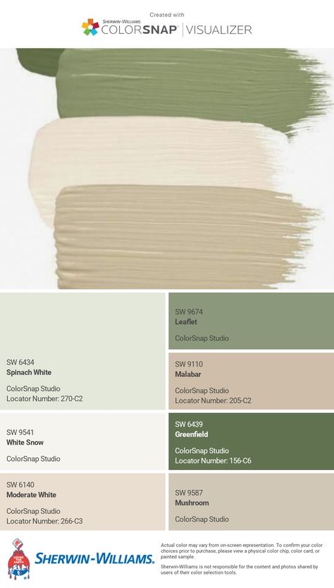 Beige And Sage Color Palette, Paint Color Schemes With Sage Green, Colours To Go With Sage Green, Colour Palette For Home Decor, Safe Green Palette, Sage House Color Palette, Sherwin Williams Broccoflower, Olive Color Paint, Green Room Colour Palettes