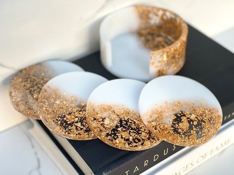 White And Gold Resin, Resin Trays, Floral Coasters, Coasters With Holder, Gold Coasters, Resin Coaster, Coaster Holder, Crystal Resin, Christmas Coasters