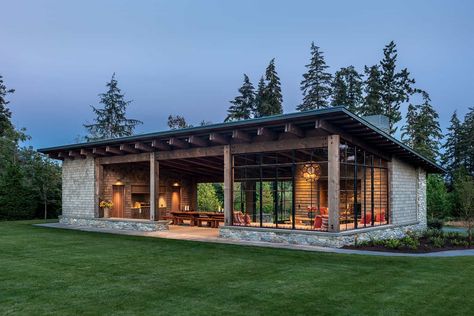 Secluded family retreat designed for entertaining on Whidbey Island Garden Pavilion, Casa Country, Backyard Pavilion, Built In Bbq, Built In Seating, Timber Structure, Modern Architecture House, Pole Barn Homes, Design Case