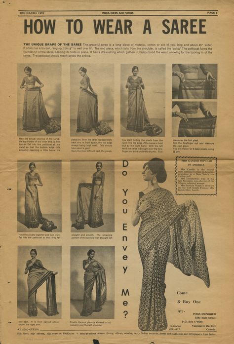 Newspaper clipping from March 3, 1970 issue of India News and Views, featuring an illustrated guide on "How To Wear A Saree." Couture, Vintage Indian Dress, Indian Crafts Traditional, Retro Saree, Indian Fashion Traditional, Indian Newspaper, Vintage Indian Fashion, Indian Traditional Dress, Sari India