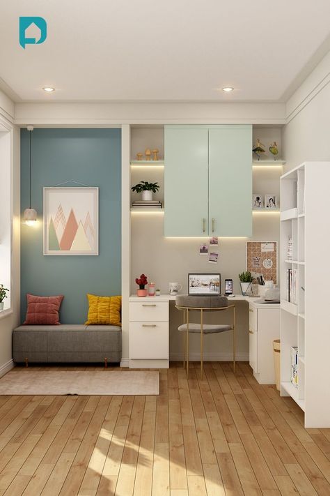 Pretty & Functional Study Room Ideas Study Room With Storage, Small Study Space Ideas In Bedroom, Table In Room Idea, Small Room Study Table Ideas, Compact Study Room, Study Rack Designs, Open Study Room Ideas, Study Room Design Modern Bookshelves, L Shape Study Table Design Bedroom