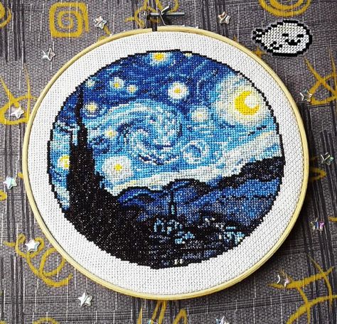 Van Gogh Painting, Cross Stitch Beginner, Diy Embroidery Patterns, Van Gogh Paintings, Starry Night Van Gogh, Hand Crochet Baby Blanket, Mermaid Blanket, Cross Stitching, Stitch Disney