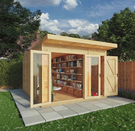 A personal library in a garden room: 3m x 4m with integral side storage shed. fully insulated By @waltons_garden Outdoor Library Ideas, Garden Library Shed, Shed Library, Library Shed, Garden Cabin Ideas, Gardening Room, Garden Shed Storage, Outdoor Library, Moving New House